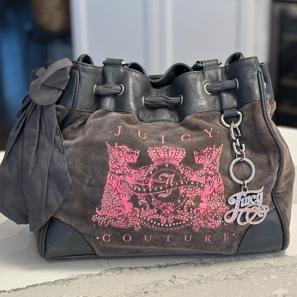 Juicy Couture Y2K Grey Daydreamer Velour Terry Cloth Tote Bag Scottie Dogs